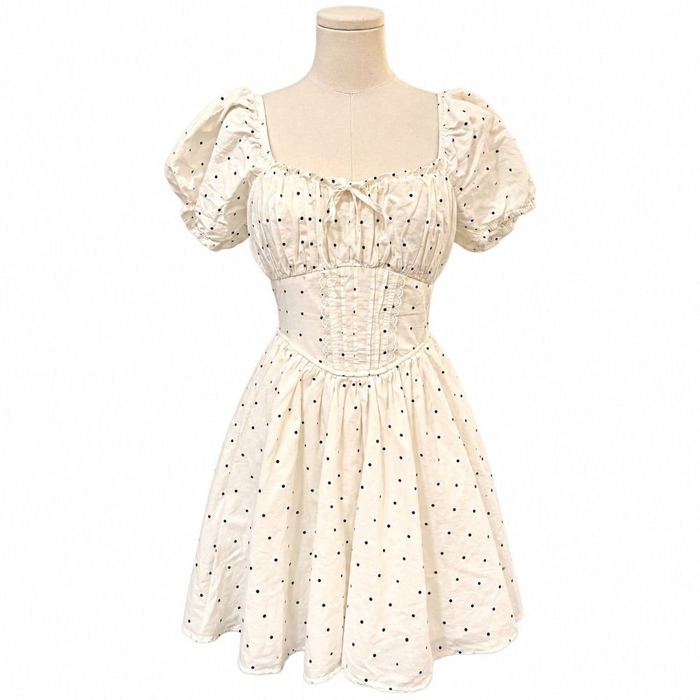 Trixxi Polka Dot Puff Sleeve Corset Tiered Mini Dress L Ivory Cottage Coquette